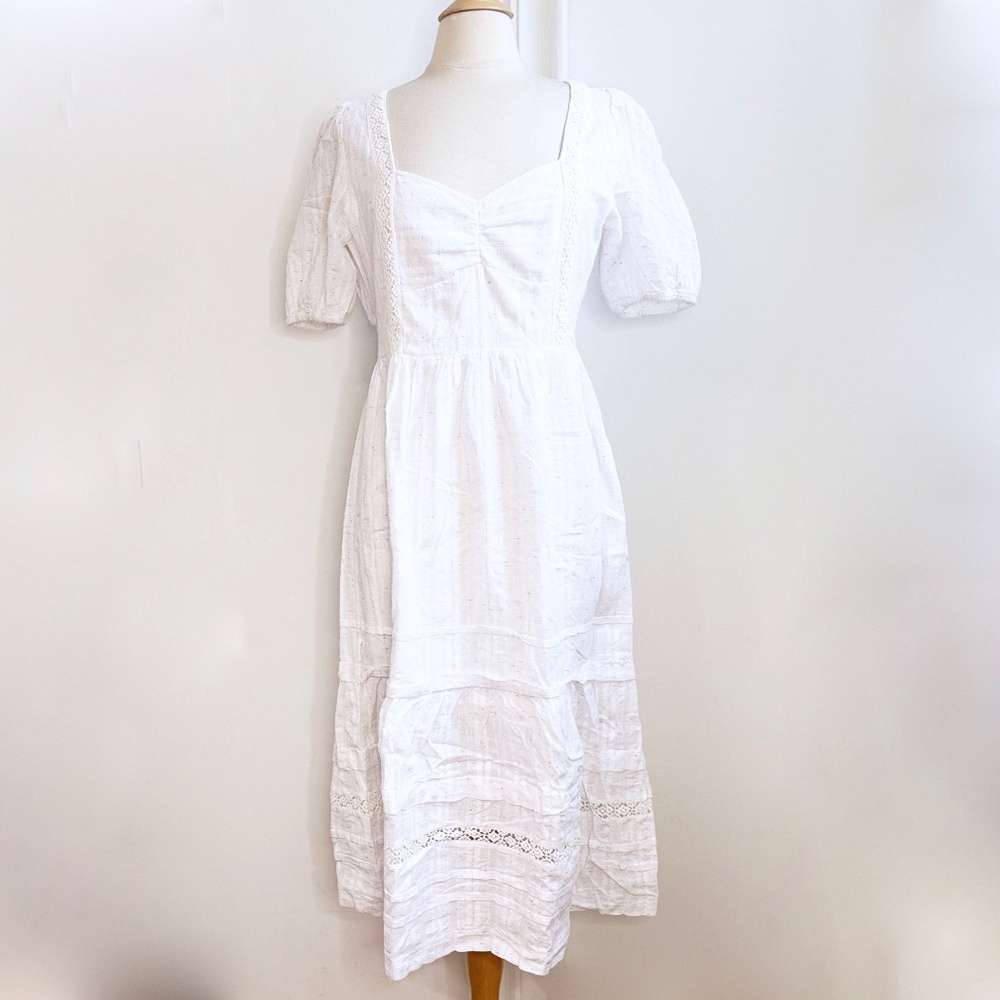 Betsy Johnson White Speckled Midi Boho Cottage Casual Dress L Large EUC